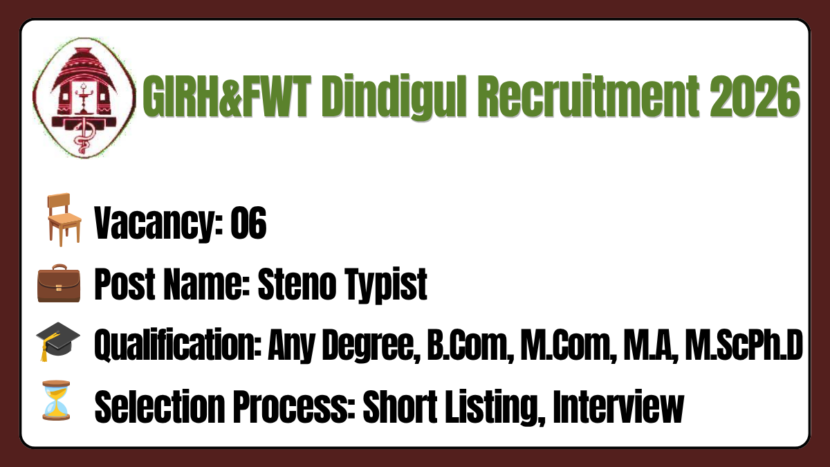 GIRH&FWT Dindigul Recruitment 2026